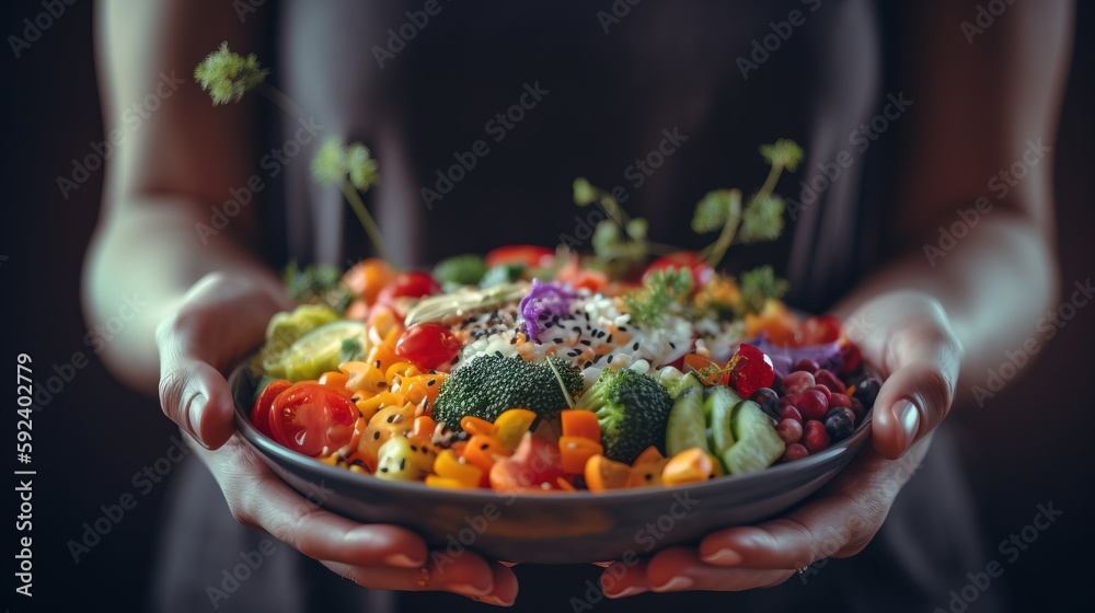  a person holding a bowl of vegetables in their hands with a dark background and a black background behind them, the bowl has a variety of vegetables in it.  generative ai - obrazy, fototapety, plakaty 