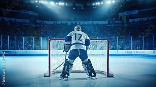 Ice hockey stadium interior illuminated by spotlights. Generative AI. © Bargais