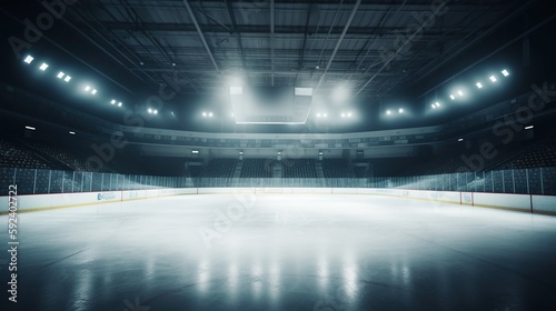 Ice hockey stadium interior illuminated by spotlights. Generative AI.