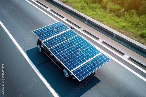 Modern car with solar panels driving on road. Generative AI.