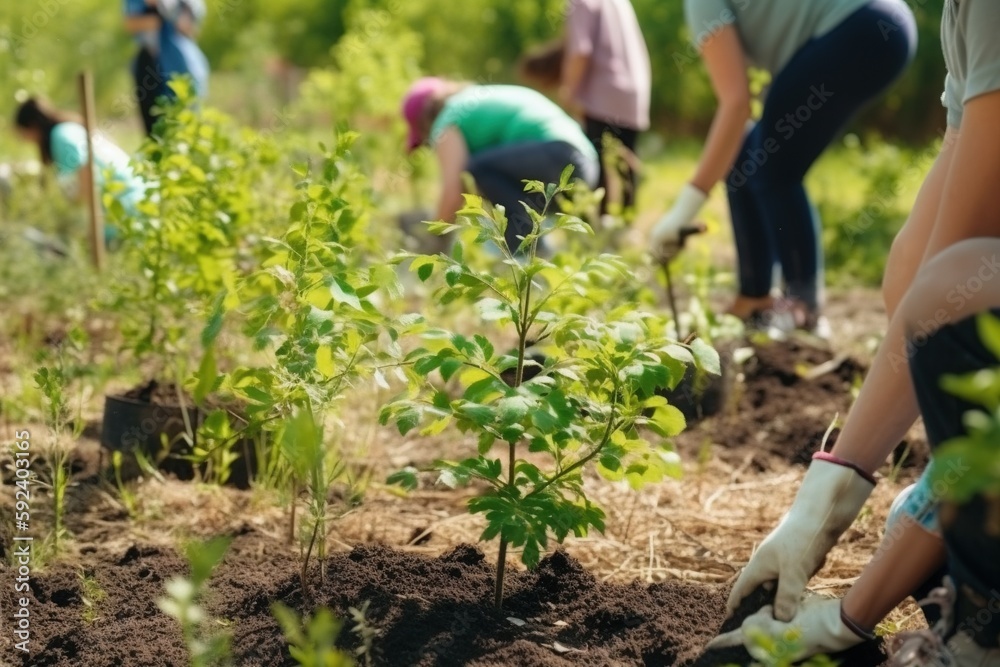 Fototapeta premium People planting trees in garden. Generative AI.