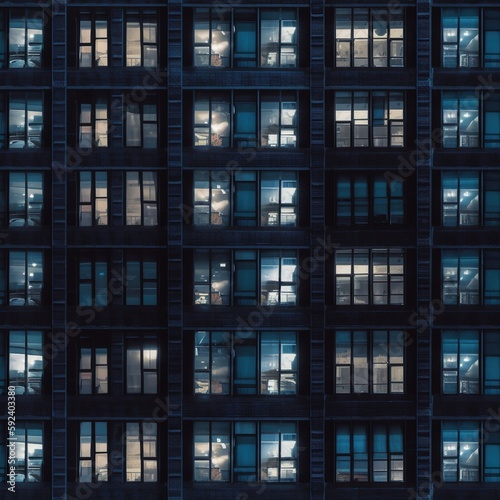 Building windows at night time. Generative AI.