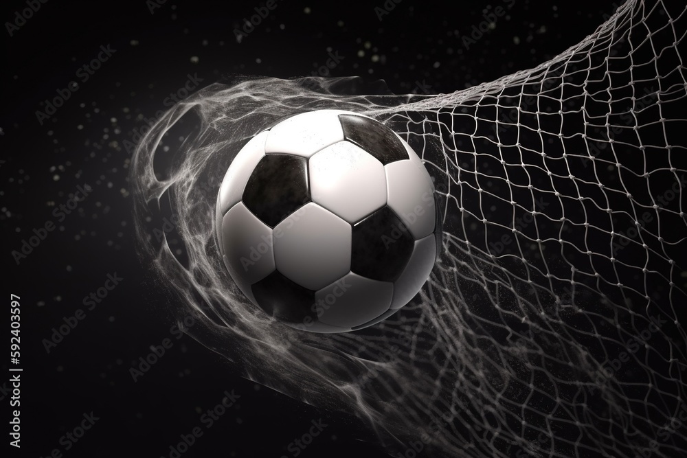 Naklejka premium Soccer ball breaking through the goal net. Generative AI.