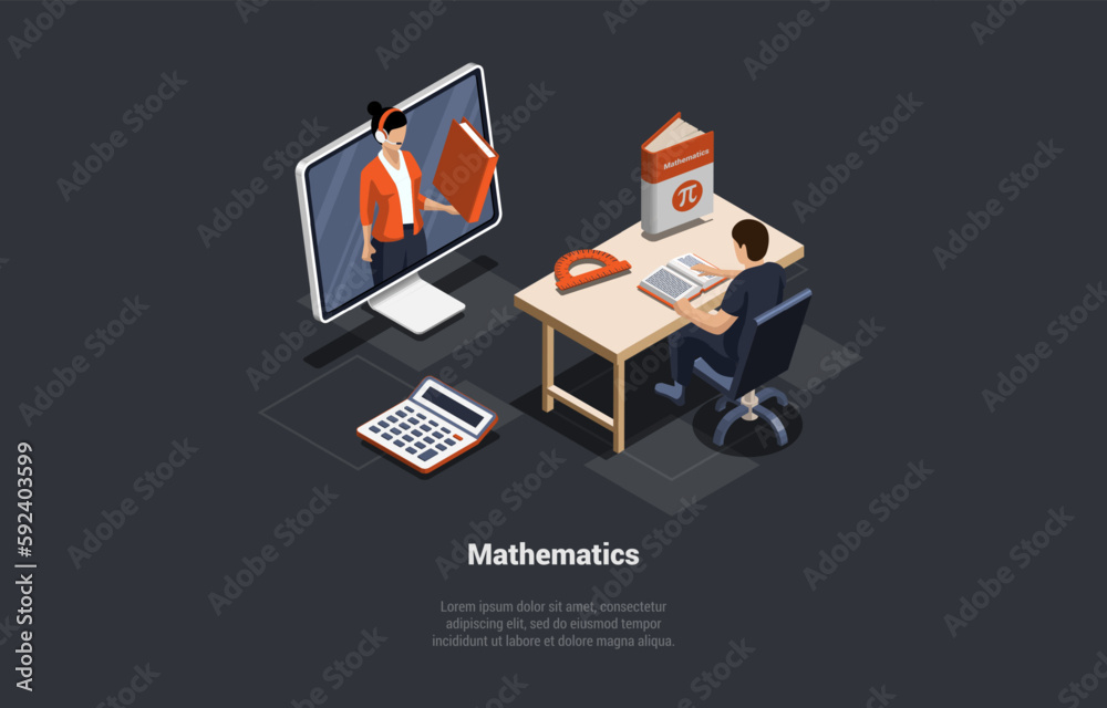 Concept Of Mathematics Studying, Subject, Education And Science. Student Sitting At The Desk And Learning Mathematics With Virtual Teacher On The Computer Screen. Isometric 3d Vector Illustration