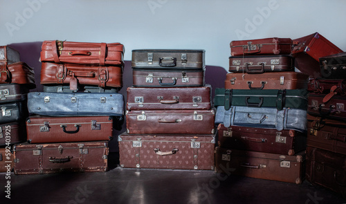Old suitcases of different sizes and colors, stacked. Selective focus.