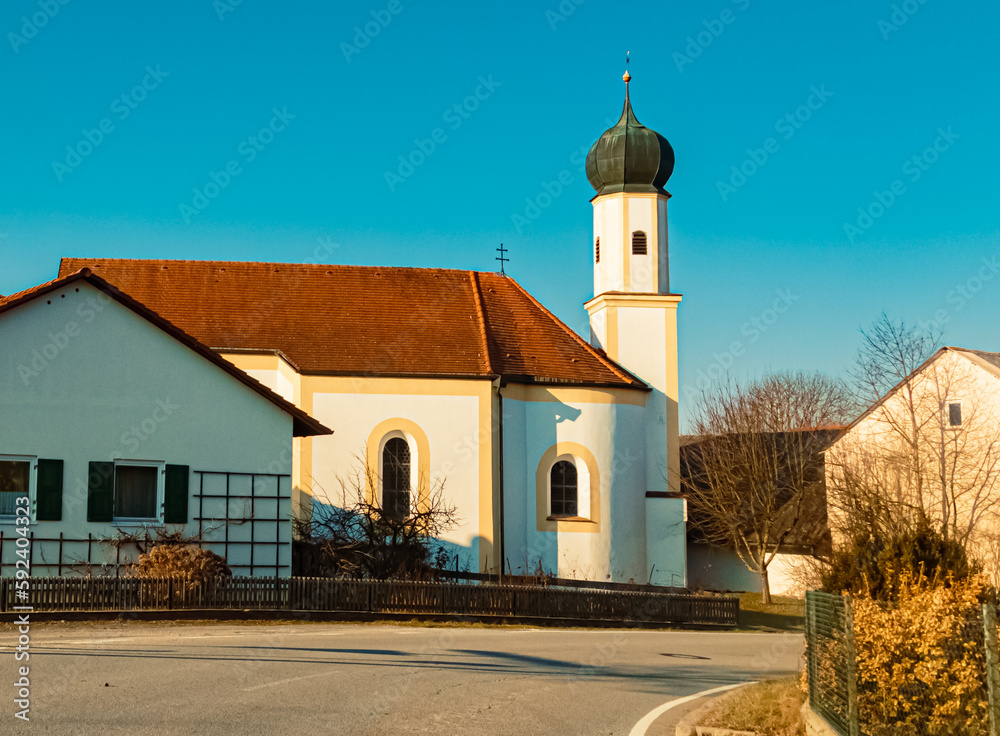 Church on a sunny winter day at Obersunzing, Leiblfing, Straubing-Bogen, Bavaria, Germany