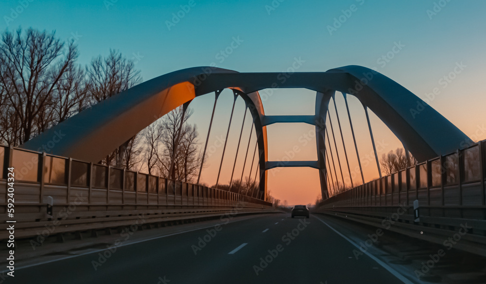 Sunset with a bridge near Plattling, Isar, Bavaria, Germany