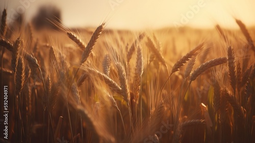  a field of wheat is shown in the sun setting over the horizon of a field of wheat in the foreground, with the sun shining on the horizon of the horizon.  generative ai