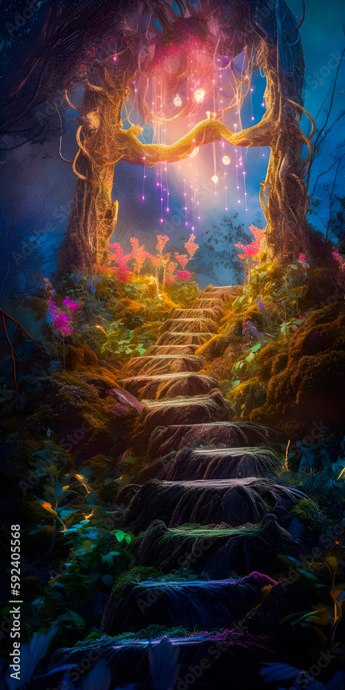 Ancient stairway to a hidden place in the magic forest, misty twilight atmosphere, bright lights and colorful foliage - generative AI
