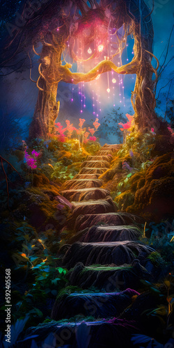 Ancient stairway to a hidden place in the magic forest, misty twilight atmosphere, bright lights and colorful foliage - generative AI