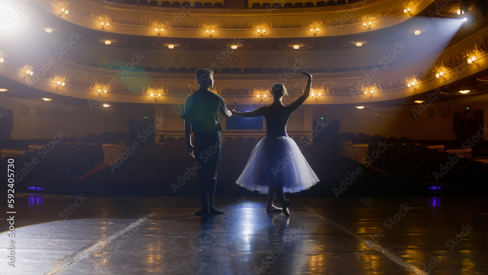 Pair of ballet dancers bow down in front of rows of seats. Ballerina ...