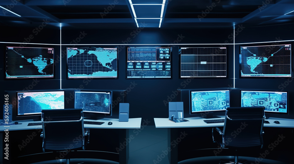 Naklejka premium Modern control room. Multiple Personal Computer Monitors Showing Coding Language Program with System Monitoring Interface. Generative AI