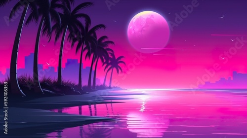 Neon night landscape with Moon, palm trees and sea. Shining neon colors. Nostalgic scene in retrowave style. Aesthetics of the 80s. Retro wallpaper. Generative AI illustration.