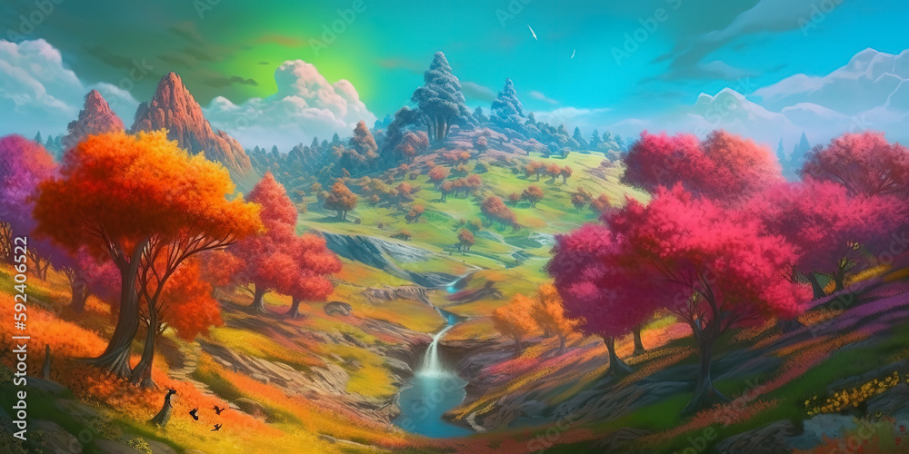 A hill of multicolored grass, several cylindrical trees, the leaves of the trees are cotton-shaped, small streams flow along the hill with rainbow-colored water, the landscape is dreamy. Generative AI