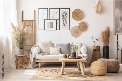 Stylish and modern living room interior in boho style with mockup photo frames, flowers in a vase, wooden table, beige macrame and elegant accessories. Bohemian concept. Generative AI