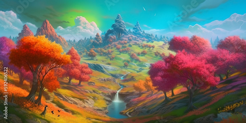 A hill of multicolored grass, several cylindrical trees, the leaves of the trees are cotton-shaped, small streams flow along the hill with rainbow-colored water, the landscape is dreamy. Generative AI © zaschnaus