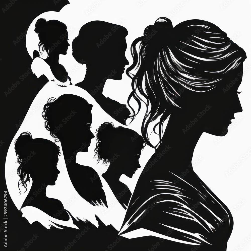 women silhouette with hair, isolated on background, illustrated highlight shadows, generative ai