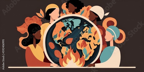 group of black African women silhouettes front of world map at fire burning, wearing traditional clothes, earth colors flat design minimal detailed, international woman day old school, generative ai © Anna Elizabeth