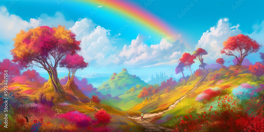 A hill of multicolored grass, several cylindrical trees, the leaves of the trees are cotton-shaped, small streams flow along the hill with rainbow-colored water, the landscape is dreamy. Generative AI
