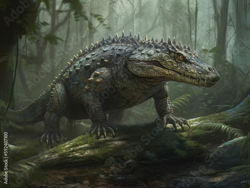 A crocodile hybrid walking in the forest  fantasy concept art. Generative AI