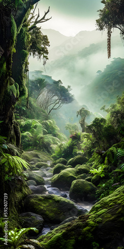 Epic scenery from a rough valley in a tropical landscape, misty mountains, forest with rocks, paradise environment - generative AI © Alan