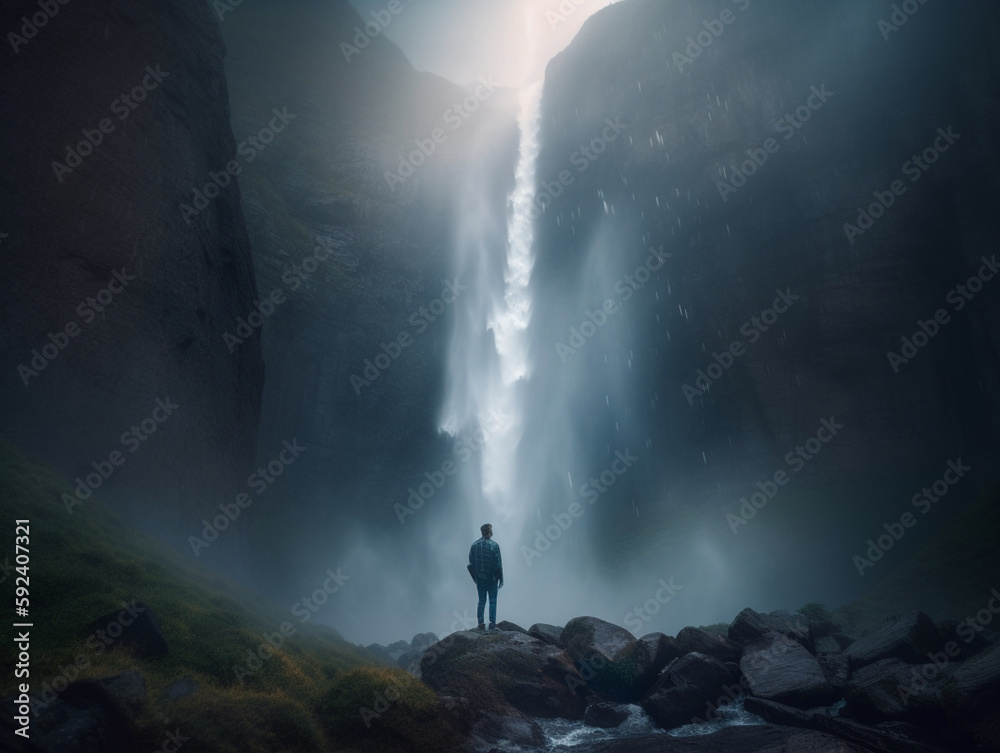 Wanderer begutachtet Wasserfall Wanderer begutachtet Wasserfall