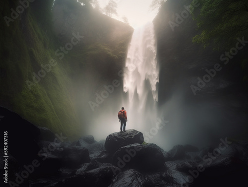 Wanderer begutachtet mächtigen Wasserfall