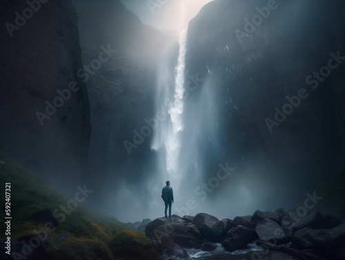 Wanderer begutachtet Wasserfall