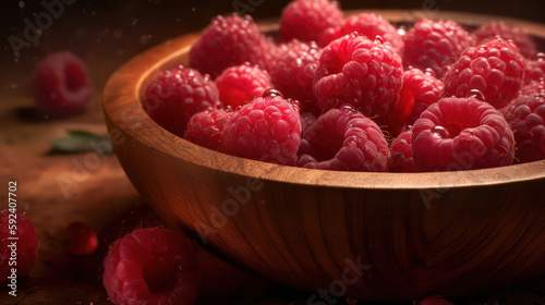 Juicy Raspberries in a Wooden Bowl