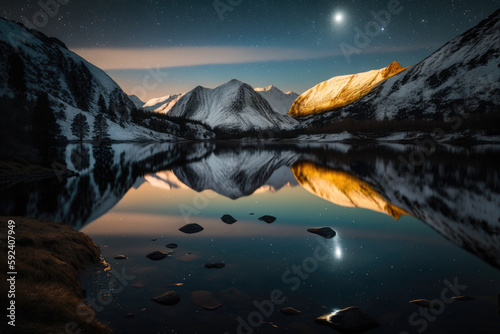 Mountain Life - Moonlight lake with reflections - generative ai