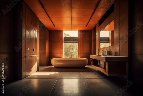 Dark orange color palette. Centered perspective. Interior Design