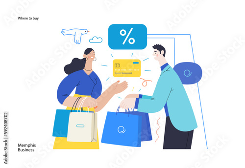Memphis business illustration. Where to buy -modern flat vector concept illustration of a woman paying with her credit card for purchase to a consultant in a shop. Commerce business sales metaphor.