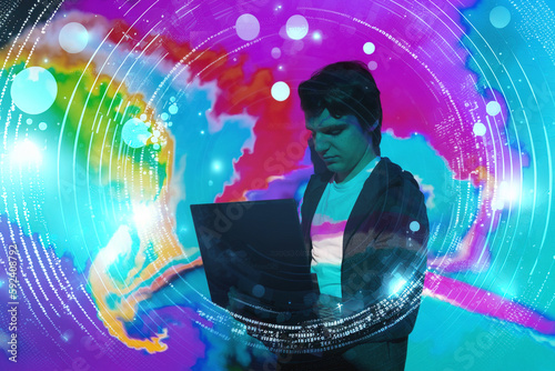 man inside virtual metaverse space, virtual gaming and augmented reality concept