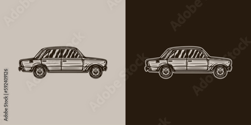 Vintage retro camping adventure travel outdoor element. Old vintage car. Can be used for emblem, logo, badge, label. mark, poster or print. Monochrome Graphic Art. Vector