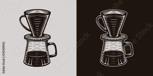 Vintage retro coffee american filtr v 60 kettle. Can be used for logo emblem badge poster print patch, apparel design. Monochrome Graphic Art. Vector