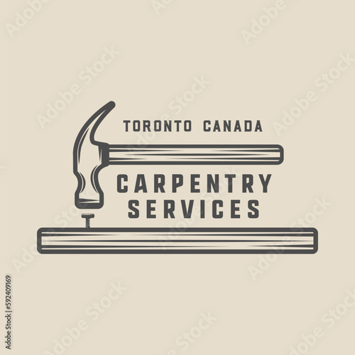 Vintage retro woodwork carpentry mechanic emblem, logo, badge, label. mark, poster or print. Monochrome Graphic Art.