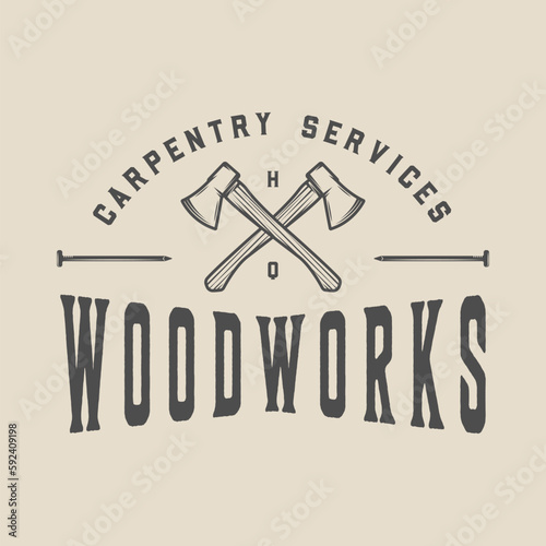 Vintage retro woodwork carpentry mechanic emblem, logo, badge, label. mark, poster or print. Monochrome Graphic Art.
