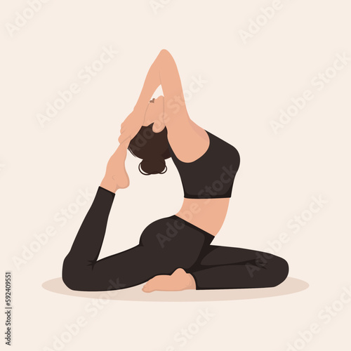 Young woman perfoming yoga exercises One Legged King Pigeon Pose Iii, and demonstrating yoga asana Eka Pada Rajakapotasana Iii on light background. Flat vector illustration