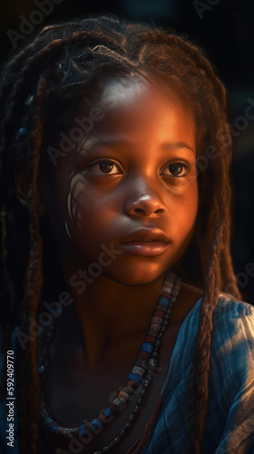 Ceremony of an Afro girl at night in beautiful decorations and drawings on her face, a ceremony of a beautiful woman from the Efik tribe. Life and life of African peoples. Created with AI.