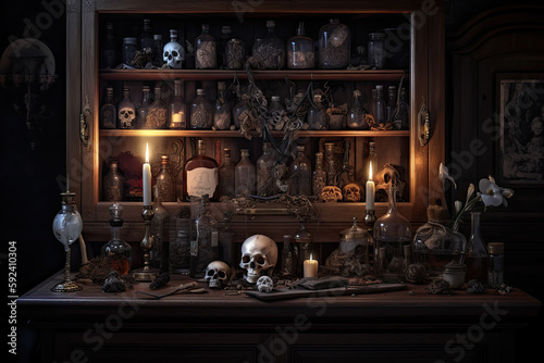 Alchemist room with old books, skull and bottle with potion. Generative ai © Yulia Furman