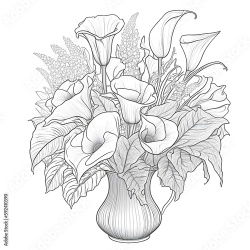 Papier peint sketch bouquet of calla lillies and roses black and white coloring page clean ve