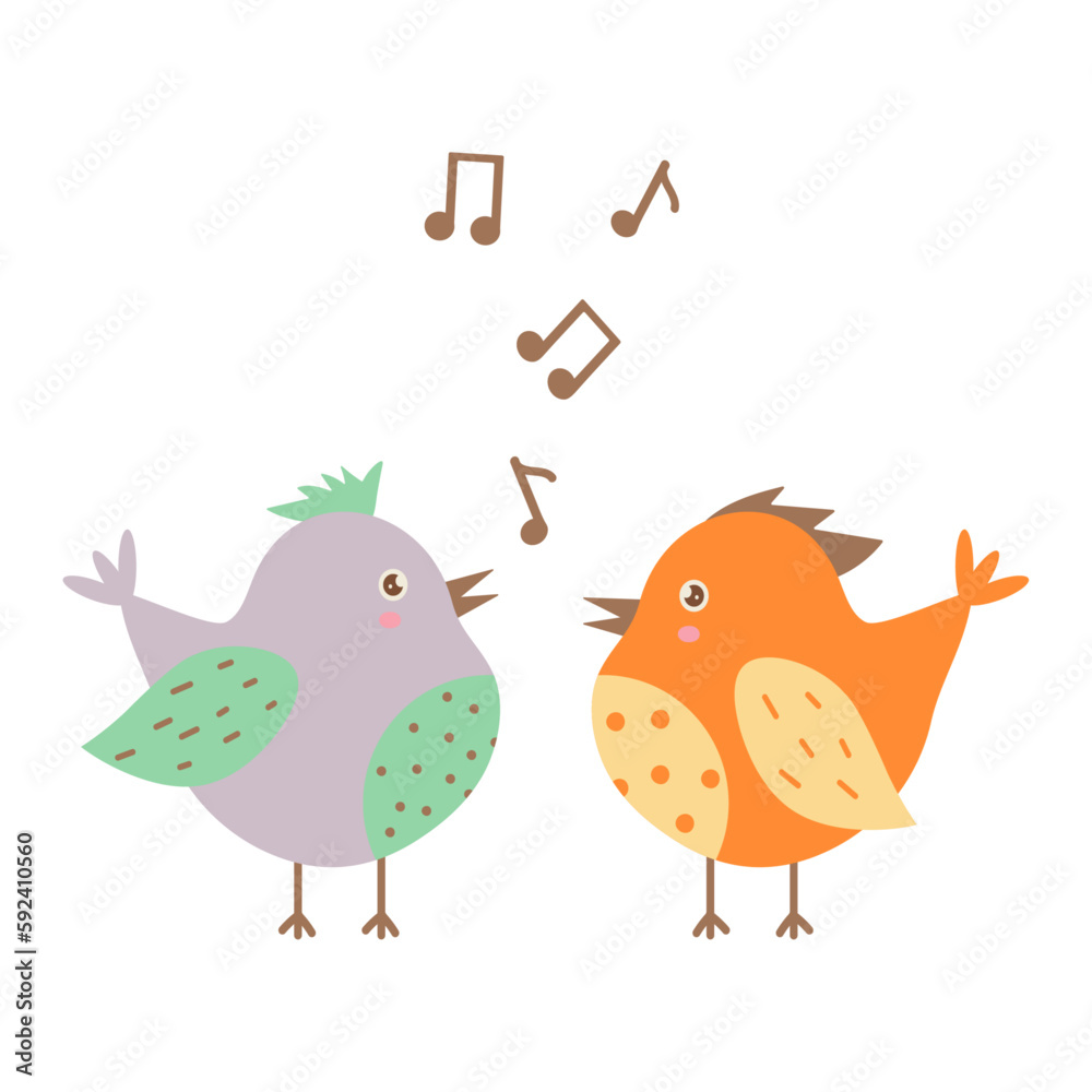 Vector illustration with cute birds and notes. Flat style, stylish colors Vector illustration with cute birds and notes. Flat style, stylish colors