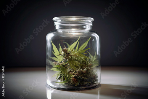 Image generated with AI. A glass jar with marihuana inside