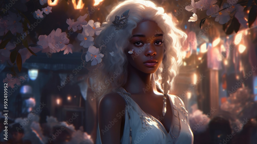 Beautiful afro girl, portrait of a white-haired princess in a beautiful dress and flower decorations. Woman at the flower market. Created with AI. Beautiful afro girl, portrait of a white-haired princess in a beautiful dress and flower decorations. Woman at the flower market. Created with AI.