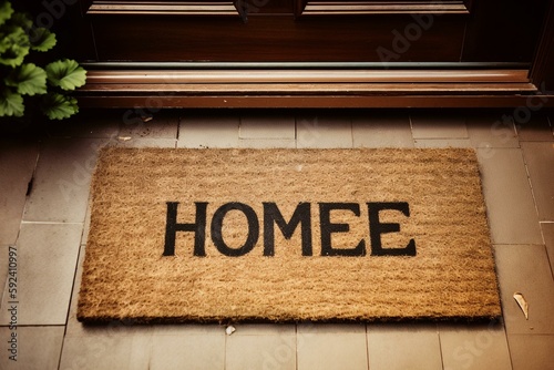 Doormat with word Home near entrance outdoors. Generative AI