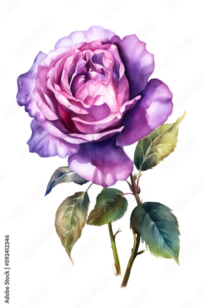 Fototapeta premium Violet rose isolated on white background. Watercolor illustration of a purple rose flower. Generative AI.