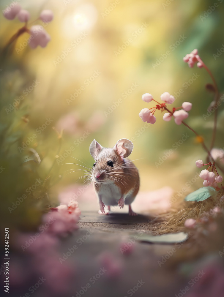 Cute little mouse with beautiful flowers soft colours and a lot of blur bokeh Cute little mouse with beautiful flowers soft colours and a lot of blur bokeh