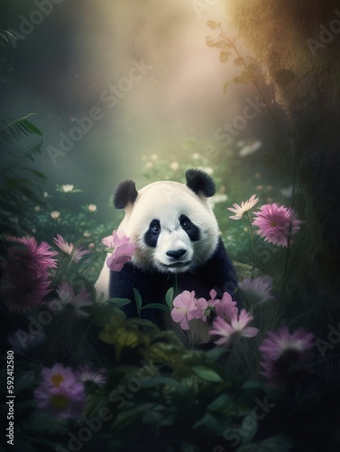 Beautiful panda in a fine art flower dreamy style