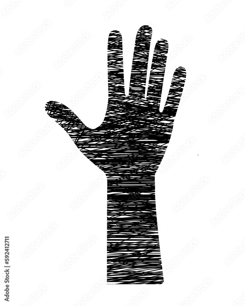 Silhouette of a hand made of strokes. A hand raised upwards. Silhouette of a hand made of strokes. A hand raised upwards.