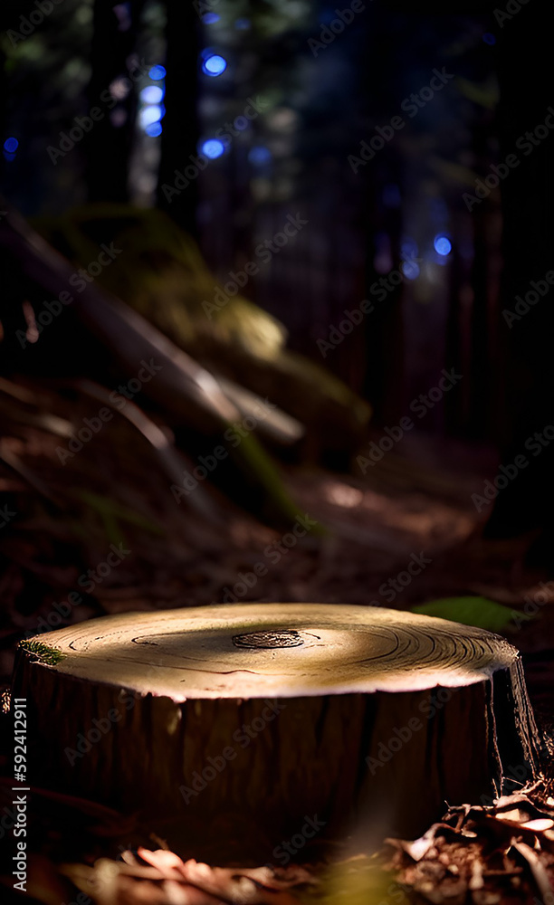 custom made wallpaper toronto digital3d AI Generated Lifelike Photorealistic  Wood-Grain Texture Old Tree Stump with  Clear Display Area Product Sample Staging Mockup Social Media E-Com Presentation in Dark Moody Erie Lit Thick Forrest 